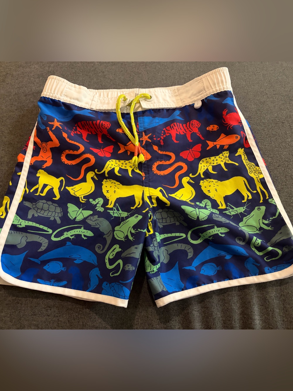 Mini Boden Navy Swim Trunks with Multicolor Animal & Sea Life Print
